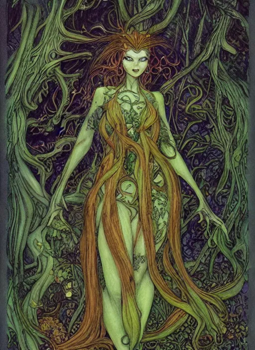 Prompt: junoesque curvaceous fey queen, vine dress, glowing forest, strong line, eerie color, beautiful! coherent! by brian froud