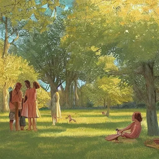 Image similar to Drawing. Conceptual art, the warm, golden light of the sun casts a beautiful glow on the scene, and the gentle breeze ruffles the leaves of the trees. The figures in the conceptual art are engaged in a simple activity, the way they are positioned and the expressions on their faces suggest a deep connection. Peace and contentment, idyllic setting. by Marc Simonetti, by Igor Zenin frightful