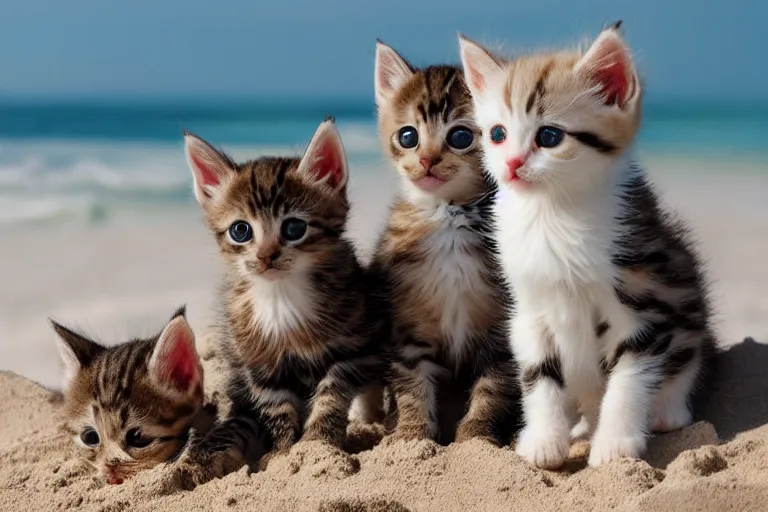 Image similar to kittens at the beach surrounding a sand castle and all of the kittens are looking directly at the sand castle