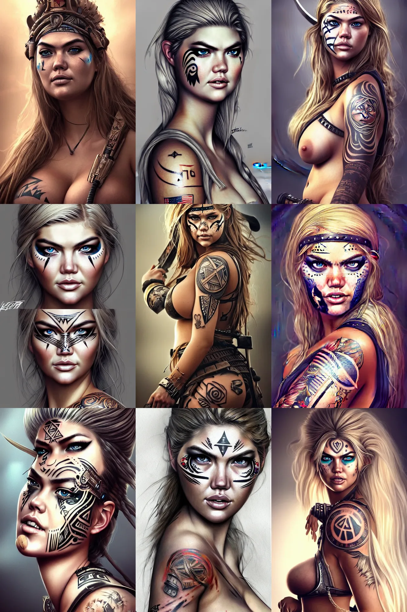 Prompt: gorgeous!! hyper - realistic woman resembling kate upton as a post - apocalyptic warrior girl with tattoos & tribal face paint | drawn by wlop, drawn by jeehyung lee, drawn by artgerm | smooth, sharp focus, intricate