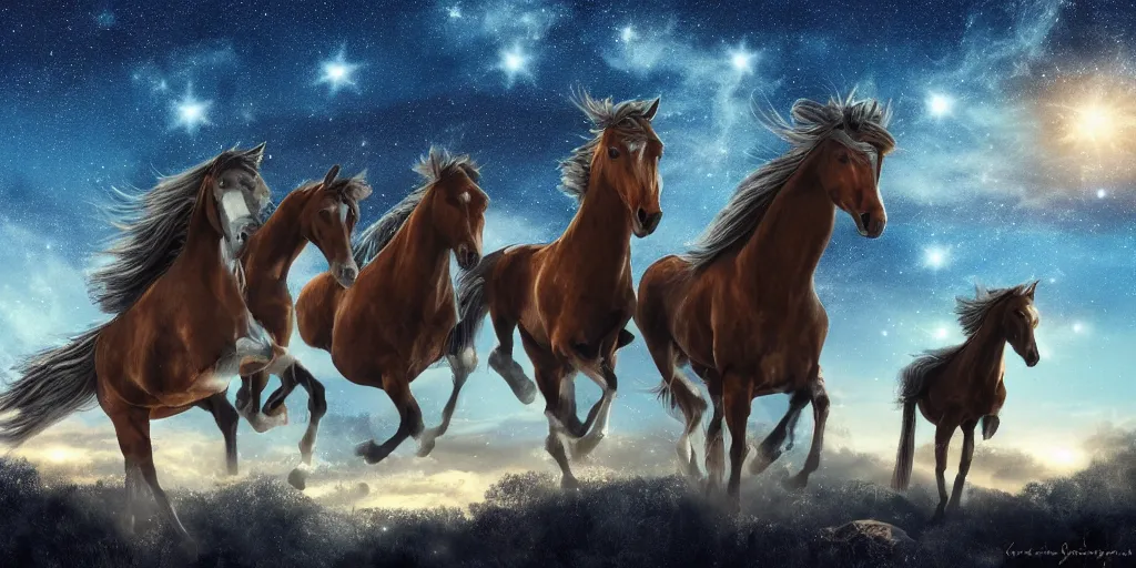 Prompt: a group of cyan spectral horse - riders fly overhead in the starry twilight sky, high detail, sharp, digital art