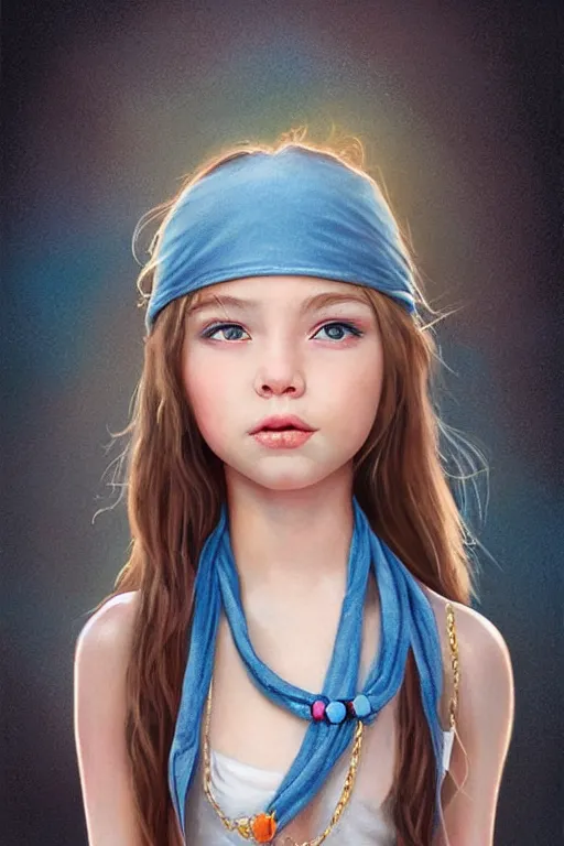 Image similar to matte sharp painting cute little girl hippy denim bellbottom bead necklace, painted by artgerm, artstation behance storybook l