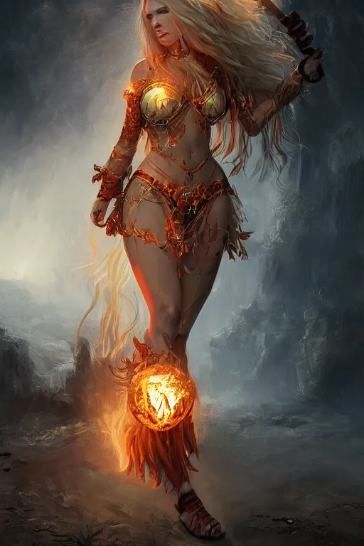 Prompt: Beautiful Fire Goddess in ornate bikini armor walking toward a riverside town while holding a fireball, on fire, long blonde flaming hair, digital art, trending on artstation, cgsociety, detailed, illustration, professional art by Seb McKinnon