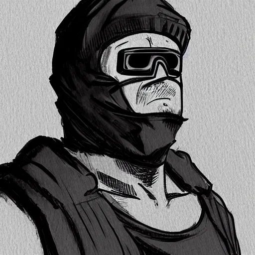 Image similar to sketch of a short stocky buff guy in a plain black t - shirt and cargo shorts, wearing a red ski mask over his entire face, black ski goggles, detailed, dramatic lighting, by ethan van sciver, artstation