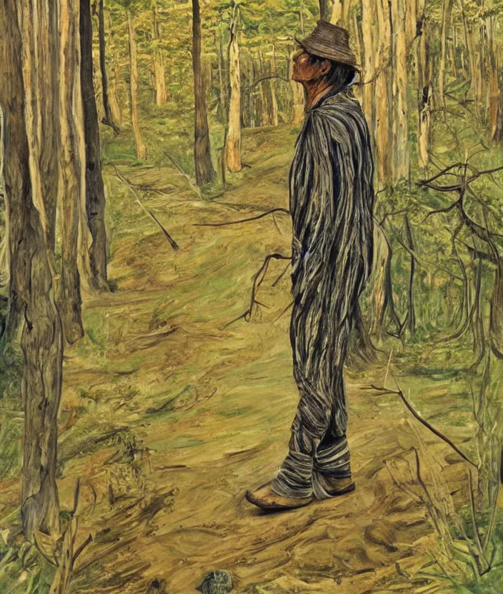 Image similar to indigenous man walking in the forest, painted by lucian freud, hd, super detailed, realistic, muted colors