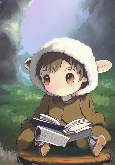 Image similar to beautiful little boy wearing sheep suit reading a book while sitting on chair, gray, blue, green and brown pallet color. made in abyss art style, inspired by kris from deltarrune, cute detailed artwork, anatomically correct, soft details, ilya kuvshinov, reflection, perfect composition, mobile wallpaper, illumination, helltaker, digital art, forest