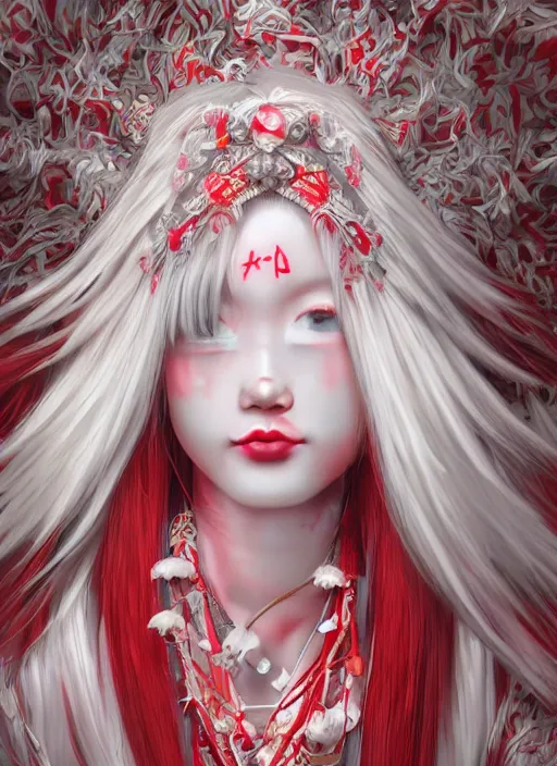 Image similar to albino maiko with very long kawaii hair, fluent composition, red and white neon, concept art, ambient light, 4 k, intricate details, highly professionally detailed, cgsociety, highly detailed -