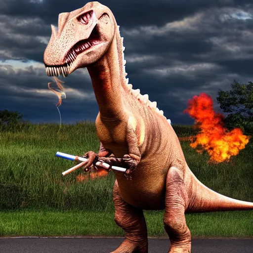Prompt: a realistic photo of a dinosaur standing on two legs smoking a cigarette in their mouth hdr professional shot, full body