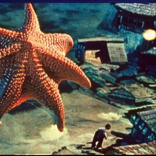 Image similar to a couple escaping from a giant Kaiju Starfish Monster over a traditional Korean village, minimal cinematography by Akira Kurosawa, movie filmstill, film noir, thriller by Kim Jong-il and Shin Sang-ok