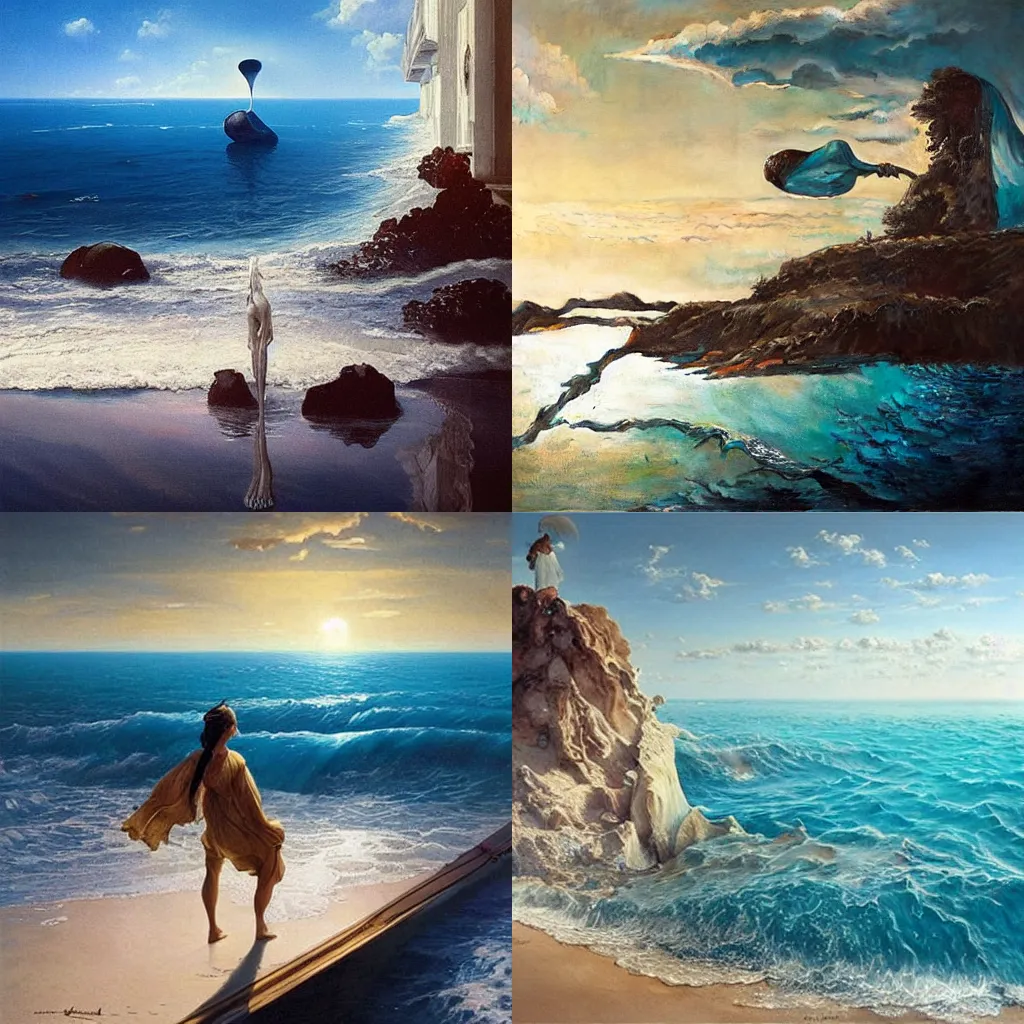 Prompt: blue sky melting into an ocean, dreamlike surrealism, 4 k, award - winning, painting by salvador dali, by greg rutkowski