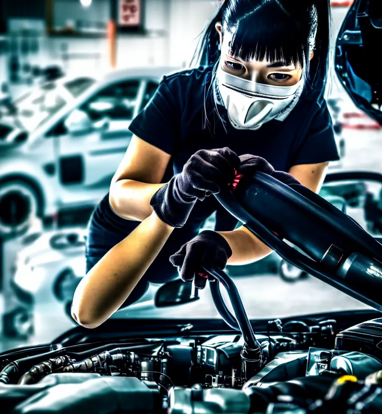 Prompt: a photo close up a female mechanic working on engine of a cyberpunk supercar, wearing mask, japanese tuning garage, cyberpunk gunma prefecture, midnight, photorealistic, cinematic color, studio lighting, highly detailed, bokeh, style by tomino - sama