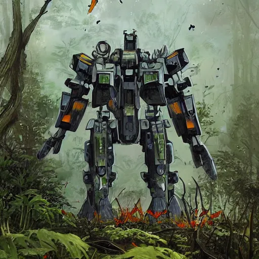 Image similar to a peaceful battle mech that has become overgrown by plants and cordyceps hiking out in nature, painting, haunting, beautiful, realism