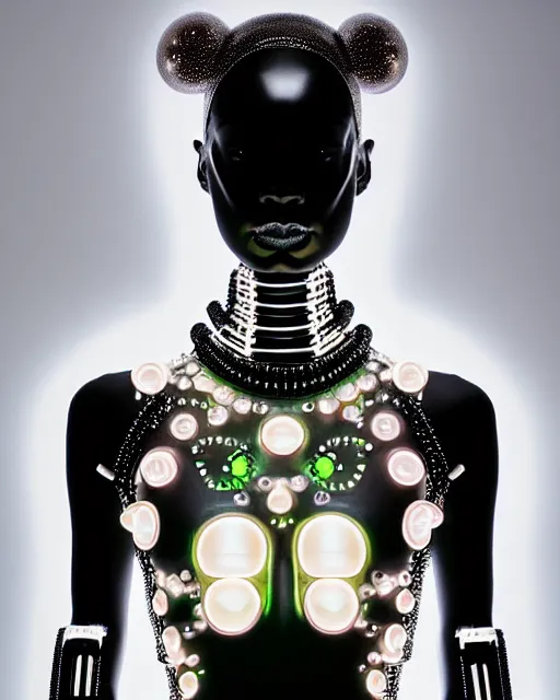 Image similar to symmetrical portrait of a biomechanical cyborg wearing a silicone swarovski studded iridescent beauty mask and neon hair buns, wearing a black bodysuit by alexander mcqueen, cream white background, soft diffused light, biotechnology, humanoid robot, bjork aesthetic, translucent, by rineke dijkstra, intricate details, highly detailed, masterpiece,