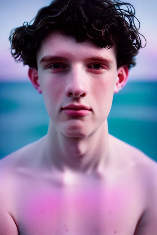 Image similar to high quality pastel coloured film mid angle docu photograph of a beautiful young 2 0 year old male, soft features, short black hair, extremely oversized clothing!! next to icelandic black rock pool environment. atmospheric. three point light. photographic. art directed. ( pastel colours ). volumetric light. clearcoat. waves glitch. 8 k. filmic.