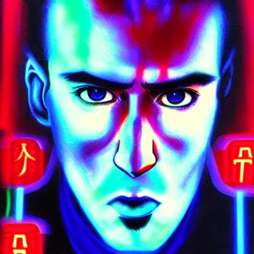 Image similar to beautiful amazing anime portrait painting of nicholas cage in tokyo. neon lights. by hayao miyazaki, katsuhiro otomo, akira toriyama, satoshi kon, eiichiro oda, hideaki anno