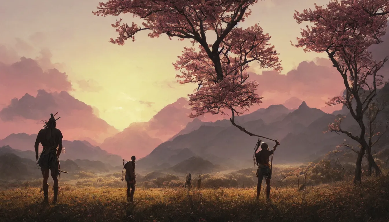 Image similar to spring morning scene, pink sunrise, indigenous man, hunter, aboriginal, standing, looking at the mountains, back turned, beautiful detailed, campfire, cherry blossom trees, pink flower field, by greg rutkowski, cgsociety