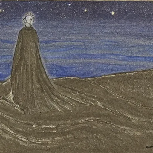 Prompt: by gerhard munthe tired, ghastly. a beautiful drawing featuring a night sky filled with stars, & a small town in the distance. the drawing is very peaceful & calming