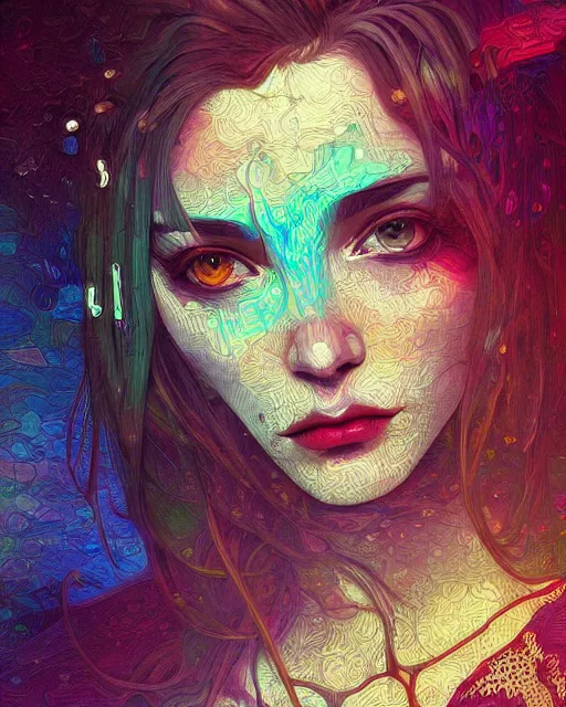 Image similar to glitch art close up portrait vampire, glitches, vaporwave, highly detailed, very intricate, art nouveau pixelated, neon glitch, chromatic aberration, harsh lighting, award - winning, concept art illustration by mandy jurgens and alphonse mucha and alena aenami, glitch color palette, featured on artstation