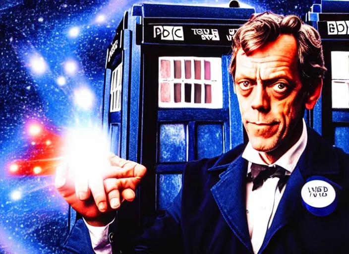 Image similar to product photo still of vhs cover of hugh laurie as doctor who in front of a nebula through the open door of the tardis on a vhs box