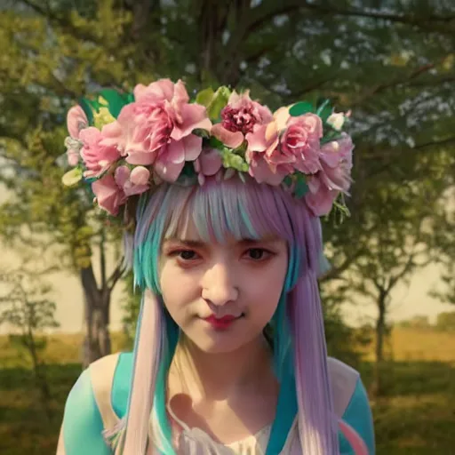Image similar to 3 d octane render of hatsune miku wearing a large flower crown, in the movie midsommar directed by ari aster