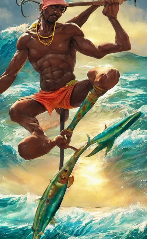 Prompt: character concept of a singular Jamaican fisherman posing in a battle stance in the Jamaican sea, colors of Jamaica, full-body character concept, cinematic, by Ross Tran and Artgerm and Peter Mohrbacher