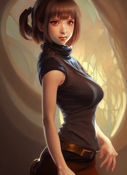 Image similar to portrait of a full body of beautiful young female detective, d & d, sleeveless turtleneck, fantasy, flat lighting, intricate, highly detailed, digital painting, artstation, concept art, smooth, sharp focus, illustration, misa amane, art by simon bisley and greg rutkowski and alphonse mucha, natural tpose