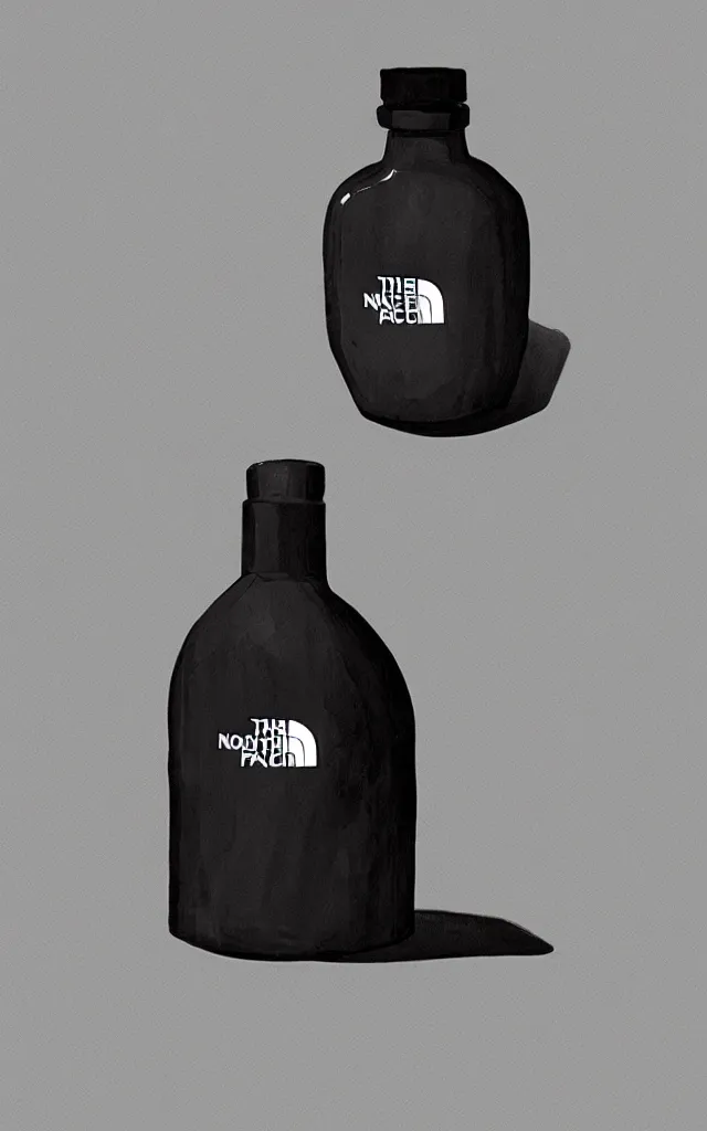 Prompt: the north face bottle, round with black top, filled with wihite liquid, black stamp, concept art, matte, sharp focus, illustration, art by aenaluck, artgerm