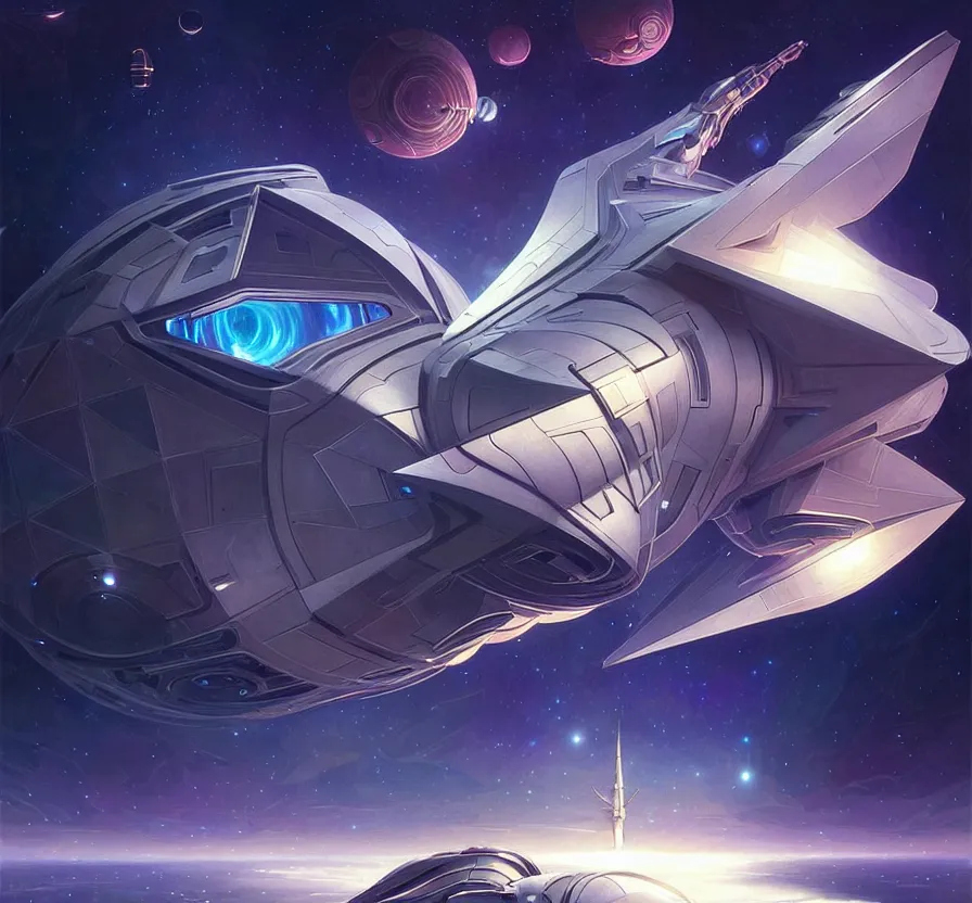 Image similar to realistic geometric spaceship, sci - fi, technologi, constellation, geometry space background, breathtaking stars, elegant, highly detailed, digital painting, artstation, concept art, smooth, sharp focus, spiritual art, art by artgerm and greg rutkowski and alphonse mucha, psychedelic, illustration, painting oil,