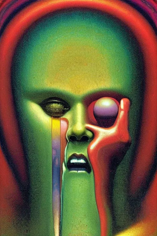 Image similar to 8 0 s art deco close up portait of face with big mouth surrounded by spheres, rain like a dream oil painting curvalinear clothing cinematic dramatic cyberpunk textural fluid lines otherworldly vaporwave interesting details fantasy lut epic composition by basquiat zdzisław beksinski james jean artgerm rutkowski moebius francis bacon gustav klimt