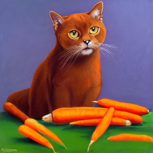 Prompt: cute brown burmese cat eating carrot, in style of Ivan Shishkin, oil painting, renaissance drawing, hd, detailed