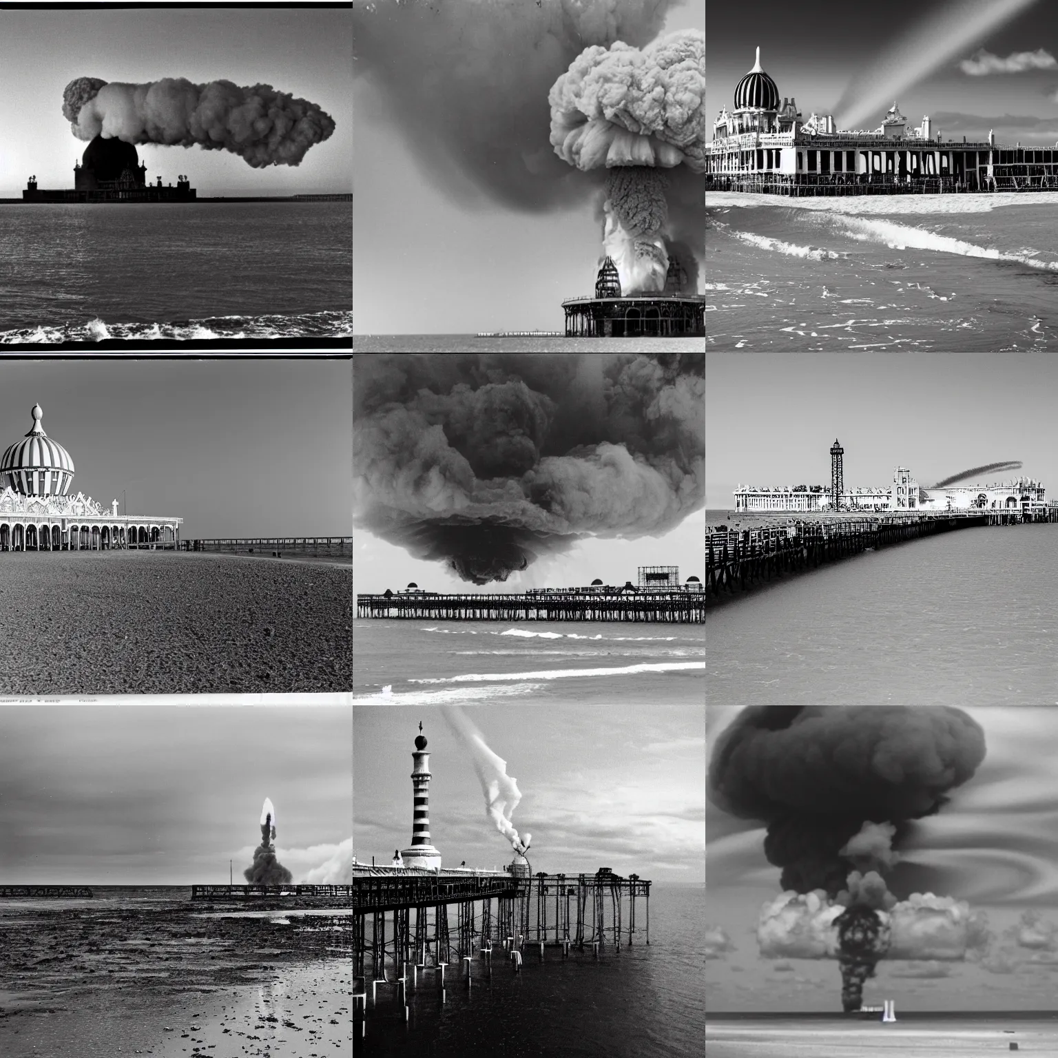Prompt: Black and white photo of a nuclear bomb explosion in Brighton. Brighton Palace Pier, Pavilion