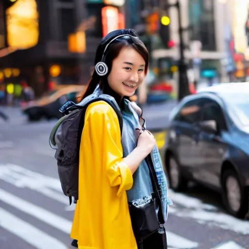Prompt: cute Chinese girl with headphones and a yellow backpack in NYC