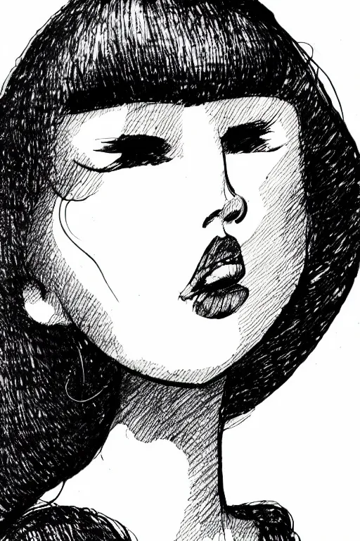 Image similar to ink lineart drawing of a beautiful woman, doll face, big lips, white background, etchings by goya, chinese brush pen, illustration, high contrast, deep black tones contour