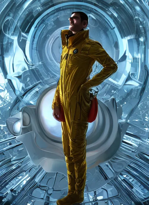 Image similar to ali g posding trumphantly in a futuristic jumpsuit, helmet removed, the expanse, sci fi, futuristic, detailed illustration, digital art, trending on artstation, soft ambient lighting, volumetric lighting, rim lighting, yoshitaka amano, alphonse mucha, arney freytag, maxfield parrish, new art nouveau