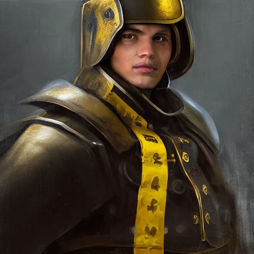 Prompt: Medium shot young idealistic and pious homely male Imperial soldier wearing a {black and yellow tabard} over a brown gambeson and a {realistic steel helm!!!!!}, by Raymond Swanland Greg Rutkowski Lise Deharm, {perfect face}, {perfect eyes}, {uncertain look}, {on edge}