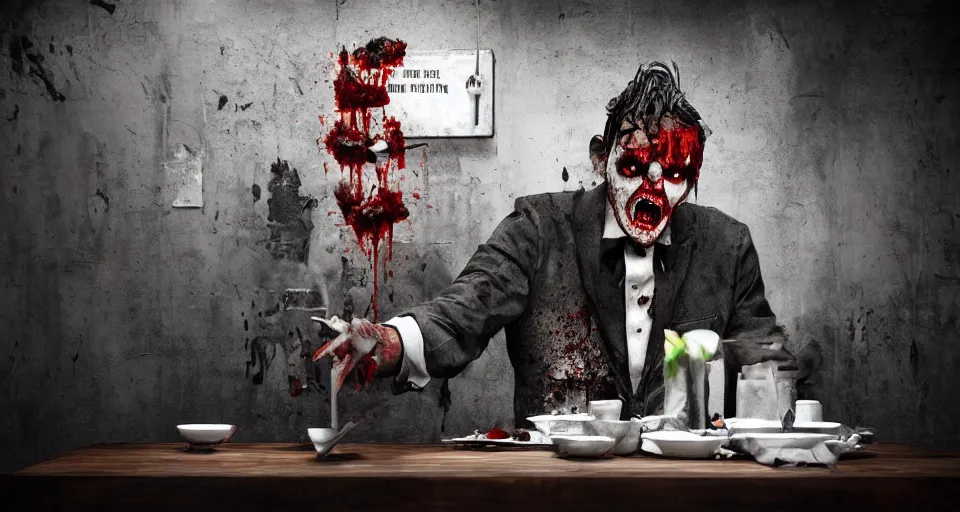 Image similar to waiter angry zombie, detailled portrait, restaurant interior, feeling of grimdark horror, daytime, high contrast, ultra intricate detailed, octane render, unreal engine