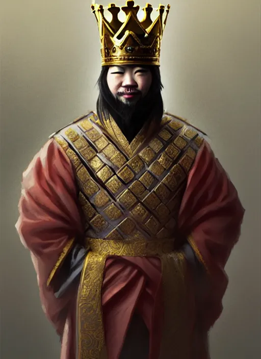 Image similar to gm hikaru nakamura dressed as a king, with a chess piece as a crown, artstation, extremely detailed artgerm, greg rutkowski