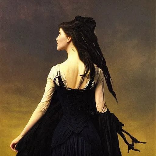 Image similar to A beautiful victorian woman, gothic dress, flowing hair, oil painting, portrait, dramatic lighting, masterpiece, painted by Caspar David Friedrich