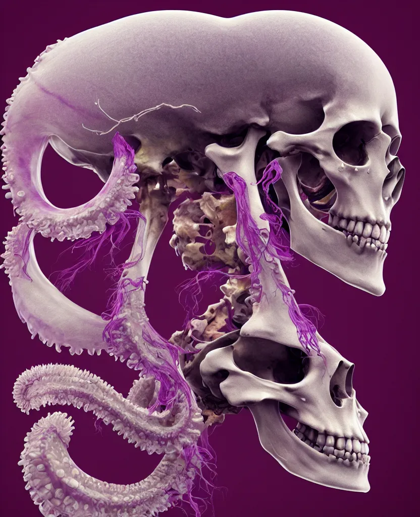 Image similar to absolute symmetry!! goddess close - up portrait human skeleton, ram skull, squid phoenix jellyfish, orchid, betta fish, bioluminiscent, intricate artwork by tooth wu and wlop and beeple. octane render, trending on artstation, greg rutkowski very coherent symmetrical artwork. cinematic, hyper realism, high detail, octane render, 8 k