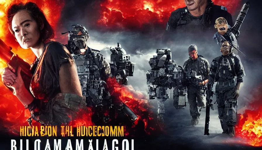 Image similar to big budget action movie about a nuclear missile and an atomic bomb, also a hydrogen bomb, nuclear weapons, an icbm and a demonic cyborg