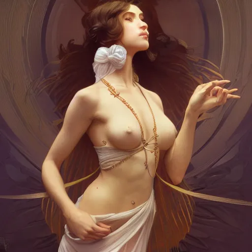 Image similar to portrait of a hot mystic girl, intricate, elegant, highly detailed, digital painting, artstation, concept art, smooth, sharp focus, illustration, art by artgerm and greg rutkowski and alphonse mucha and william - adolphe bouguereau