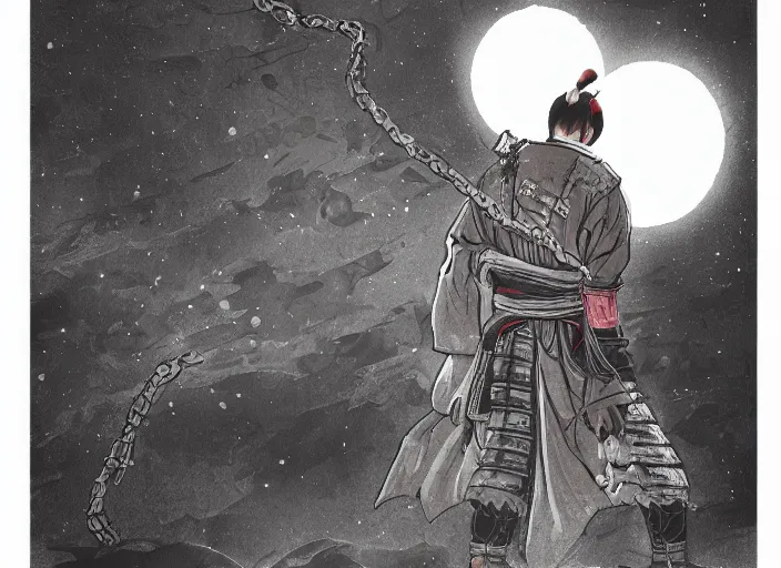 Prompt: A PORTRAIT FROM BEHIND OF A SAMURAI MAN VAGABOND WITH A MOON BEHIND HIM ,THE SAMURAI IS WRAPPED IN CHAINS, manga,detailed, studio lighting, gradation,editorial illustration, matte print, concept art, digital