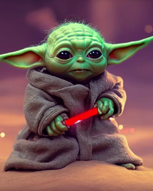 Image similar to baby yoda holding a tiny glowing lightsaber, rides an armored corgi dog, hyperreal, sand people, star wars filmed in the style of cinematographer gilbert taylor