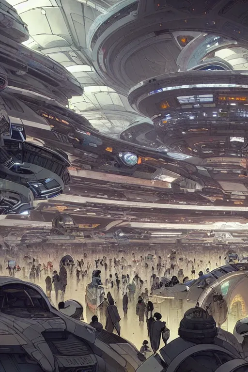 Image similar to the interior of a futuristic spaceport, large crowd of people, by kim jung gi and greg rutkowski, rule of thirds