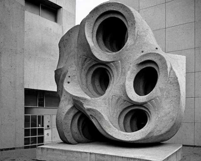 Image similar to by szukalski, francis bacon, vivian maier, mystical redscale photography evocative. a brutalist concrete carved sculpture of the birth of the machine intelligence, standing in a city center.