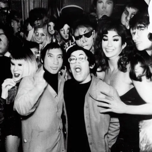 Image similar to godzilla partying at studio 5 4 b & w grainy photograph lots of celebrities including andy warhol