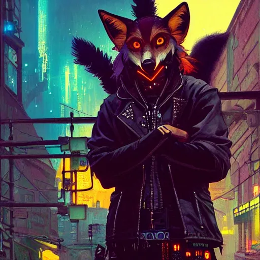 Prompt: anthropomorphic coyote character wearing black cyberpunk skater clothes with neon highlights in a cyberpunk city. Renowned character illustration by greg rutkowski, thomas kindkade, alphonse mucha, loish, norman rockwell. Trending on artstation 4k. Highly detailed. Digital art.