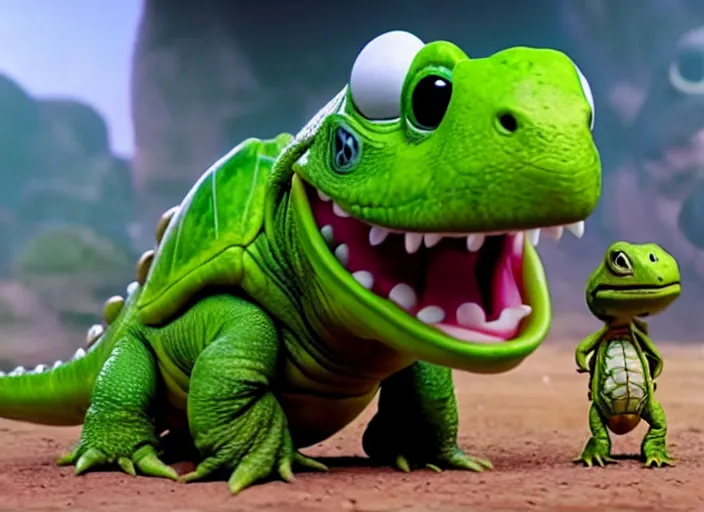 Image similar to film still of yoshi in the new sci - fi movie, cute upright dinosaur with a small turtle shell and long tongue, 8 k