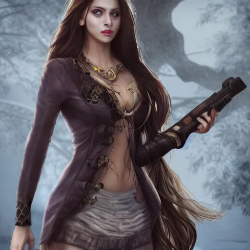 Prompt: heroine, beautiful, ultra detailed, 8 k, sorceress woman, long braided hair, guns and magic, hd, character, realistic, portrait, 3 d, hyperrealistic