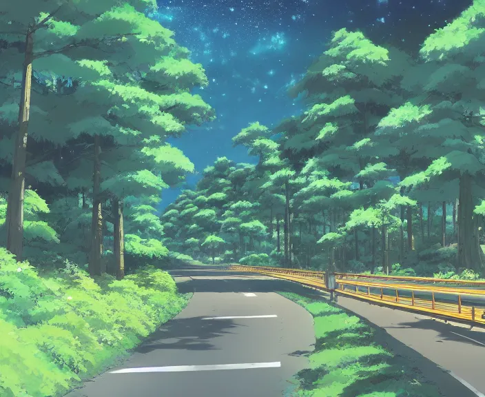 Prompt: A highway built in a forest, peaceful and serene, incredible perspective, soft lighting, anime scenery by Makoto Shinkai and studio ghibli, very detailed